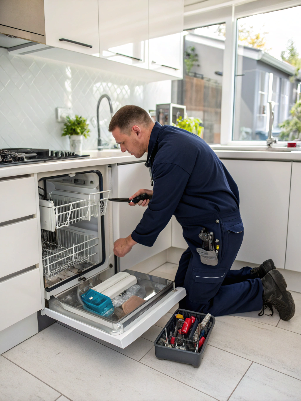 Certified technician servicing a modern Bosch stainless steel kitchen appliance in Decatur