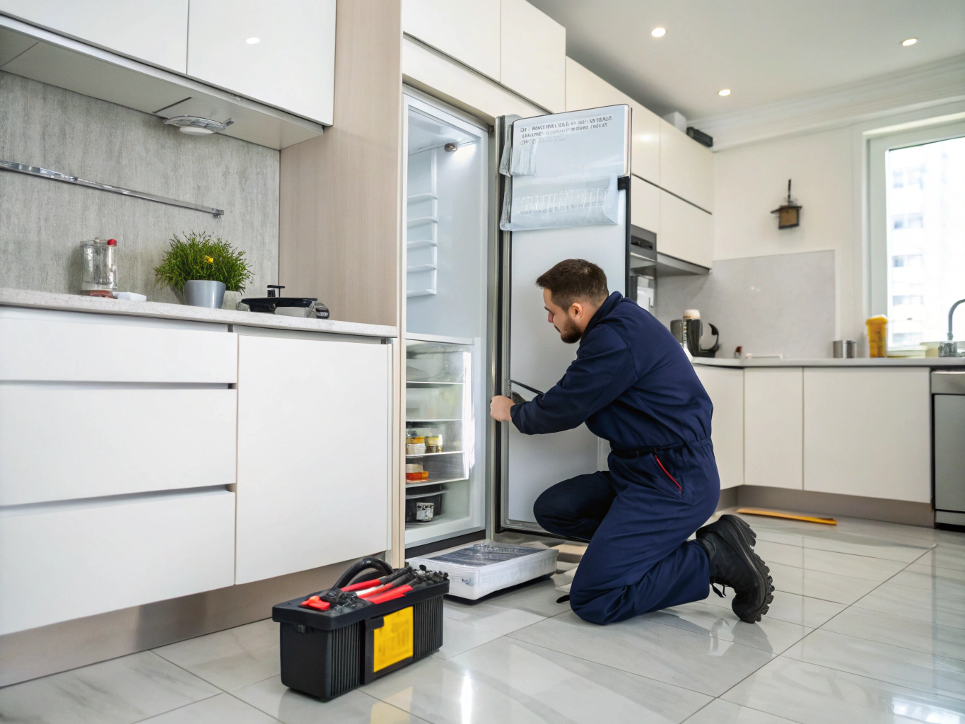 Technician inspecting a chest freezer compressor and cooling system