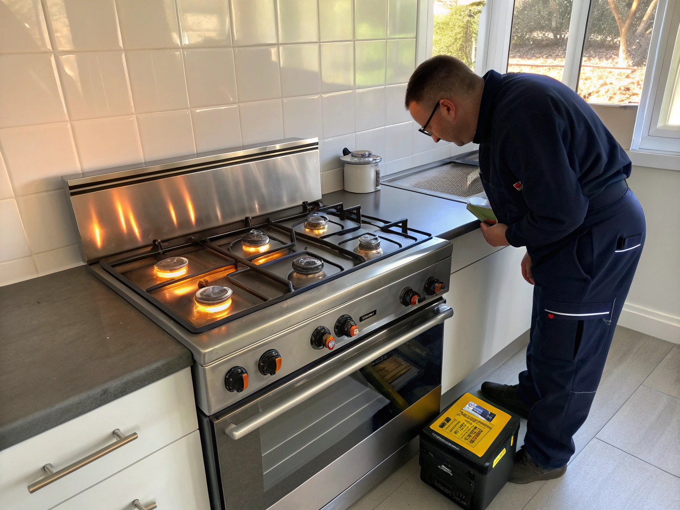 Professional technician testing gas and induction cooktop burners in Decatur GA