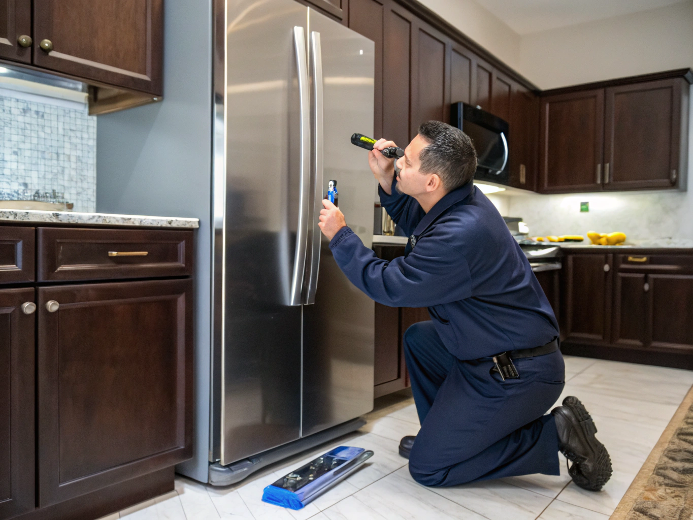 Professional technician inspecting a modern stainless steel refrigerator in Decatur, GA