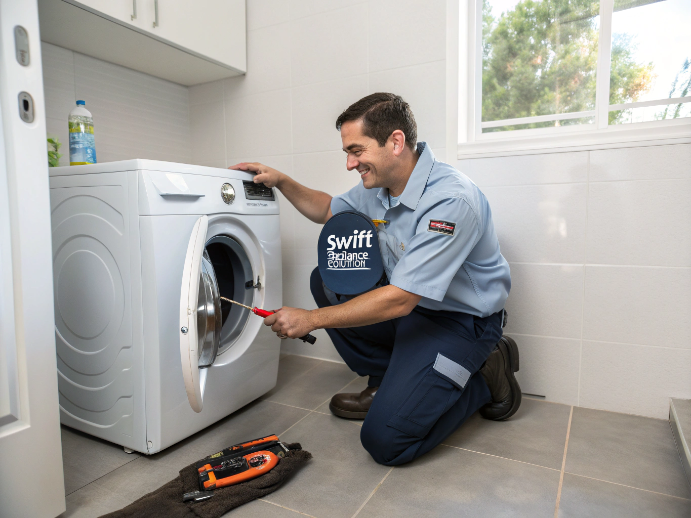 Technician repairing a front load washing machine