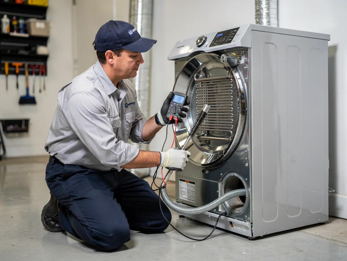 Technician fixing heating element in electric dryer