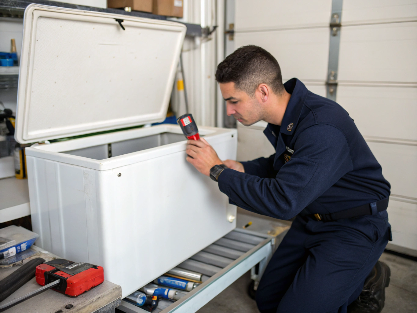 Garage-ready freezer unit in a residential workspace receiving scheduled maintenance
