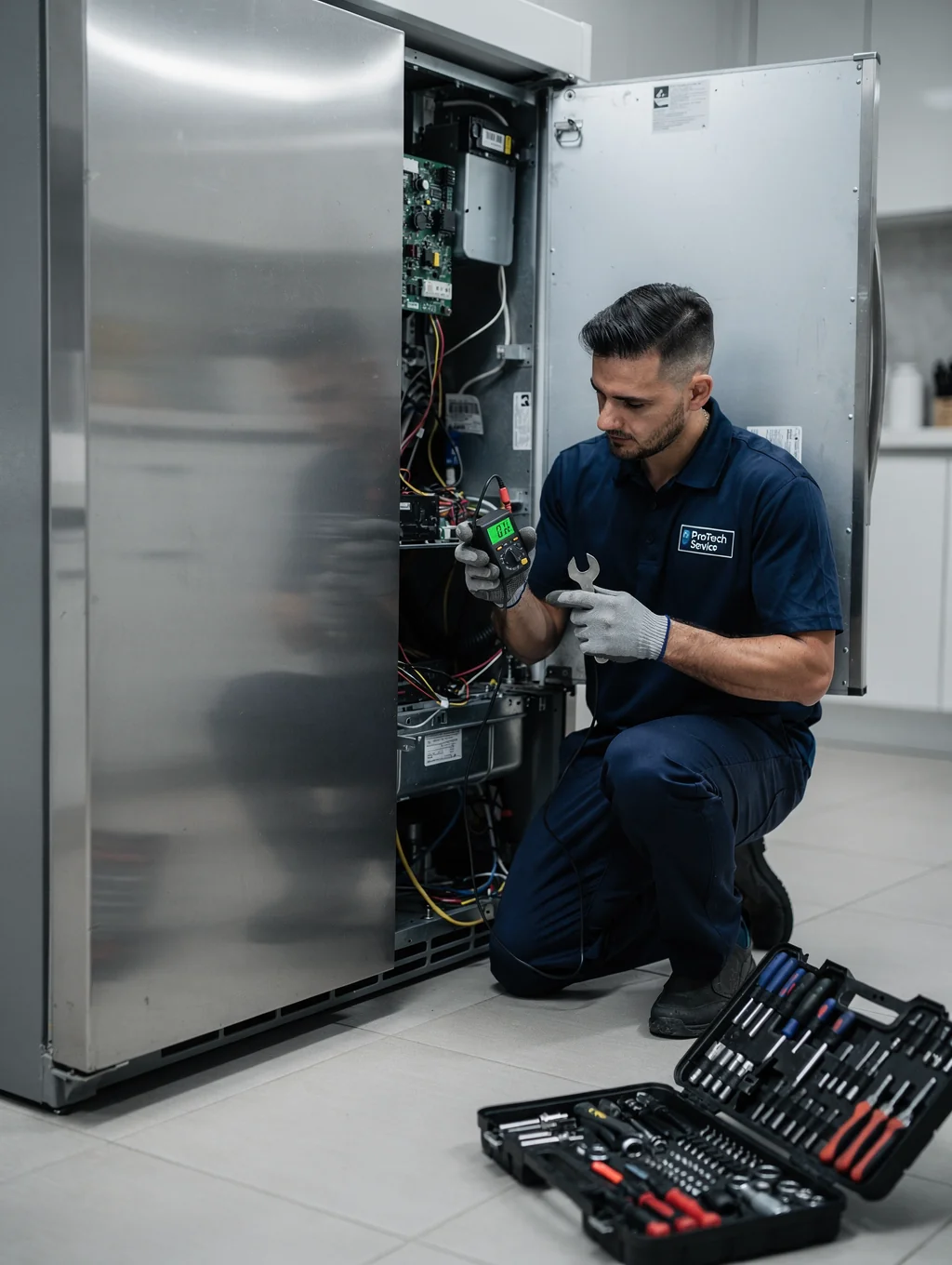 Maytag appliance repair service technician fixing a modern refrigerator in Decatur