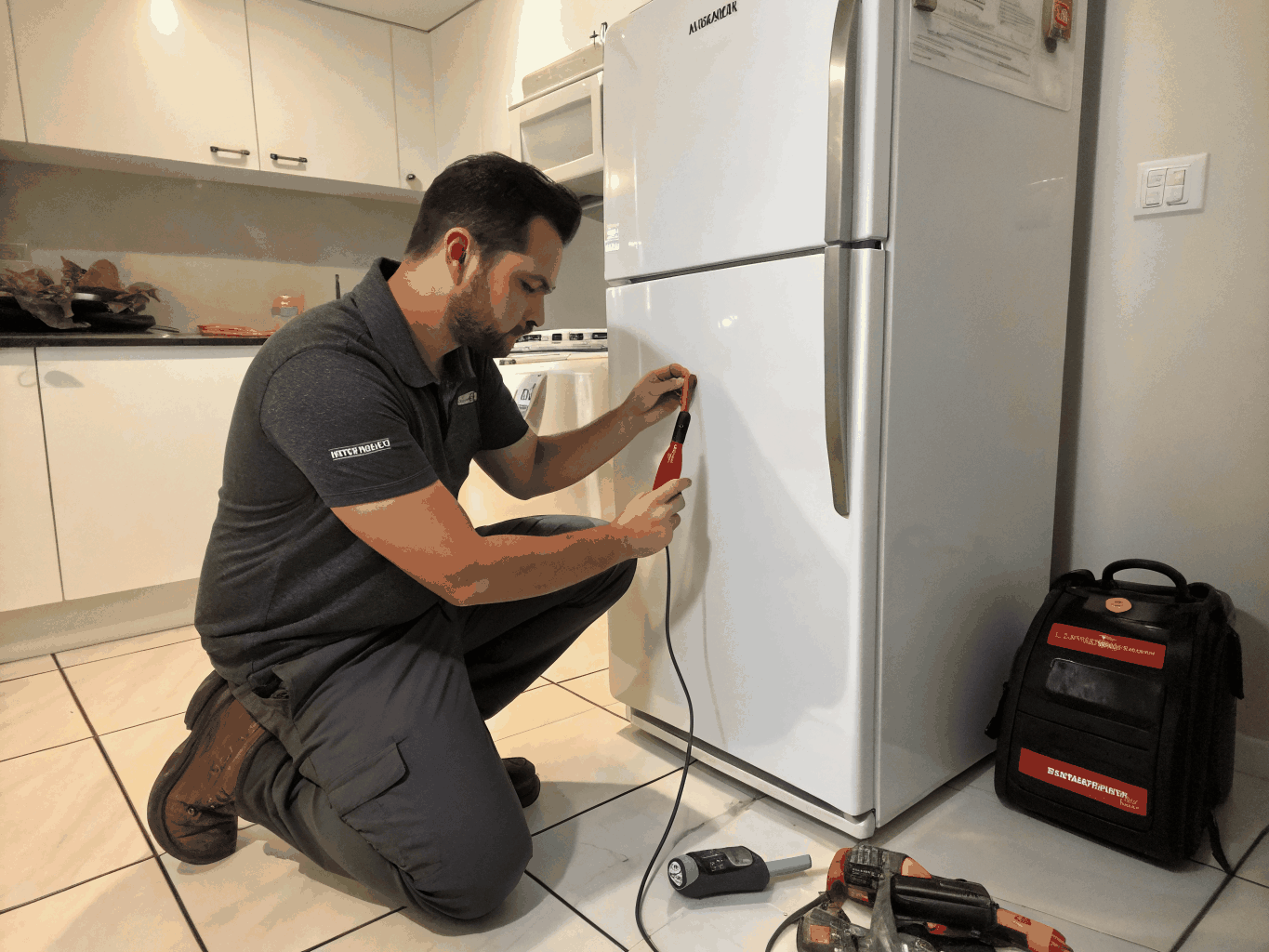 Technician inspecting a modern refrigerator in Druid Hills kitchen