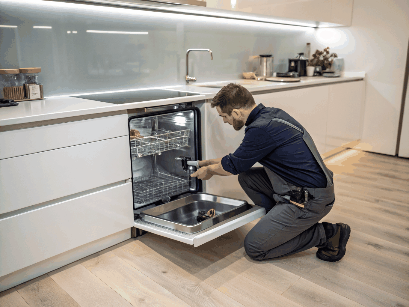 Samsung dishwasher repair and water leak check in kitchen
