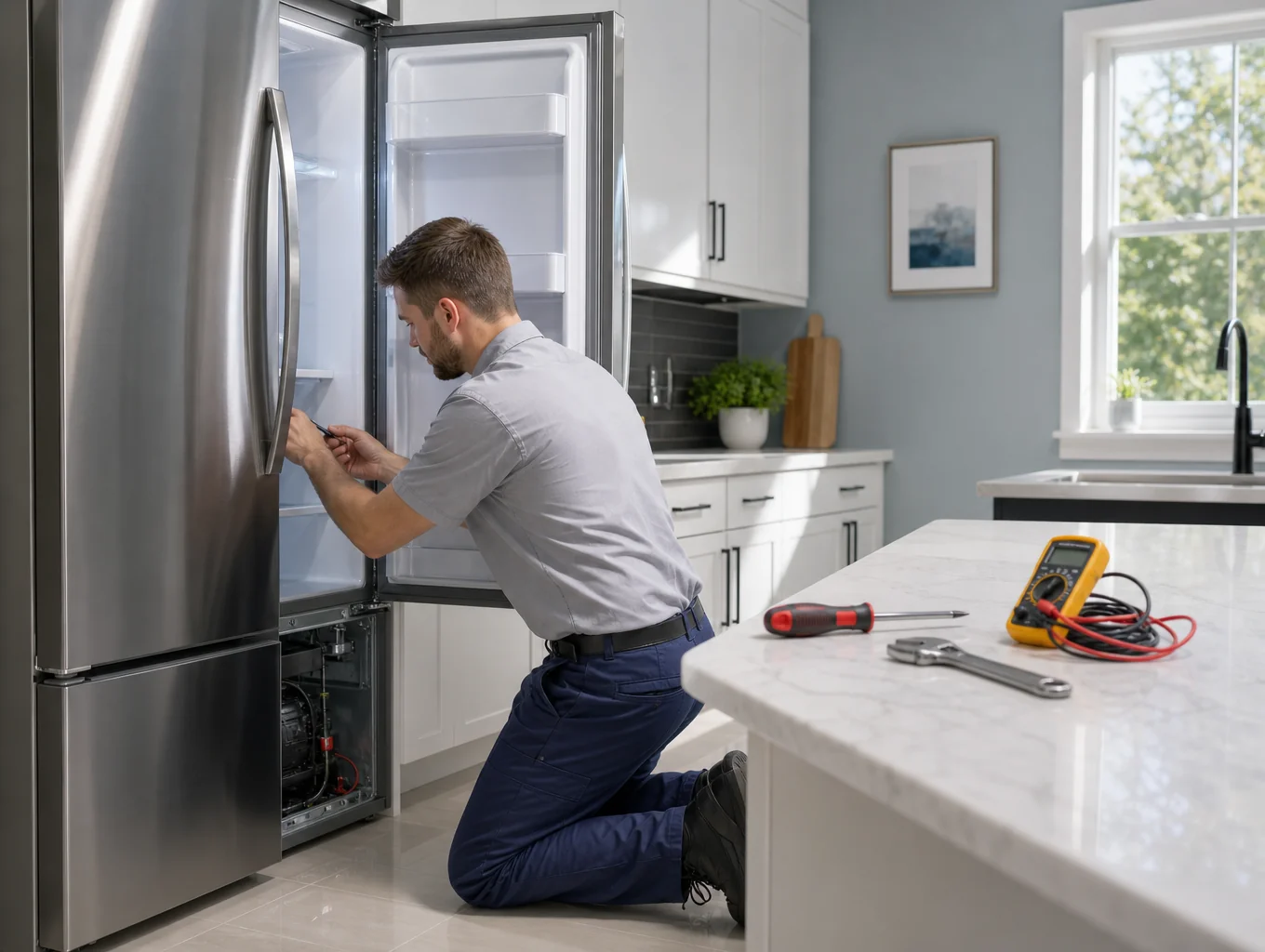 Technician inspecting a modern Samsung French door refrigerator in Decatur