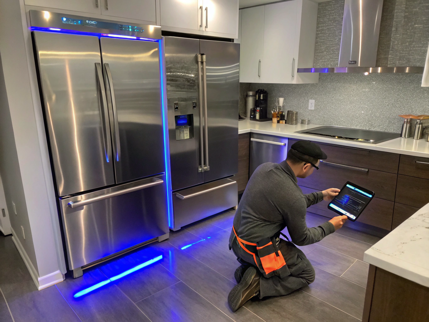 Samsung smart refrigerator and washer in a modern kitchen