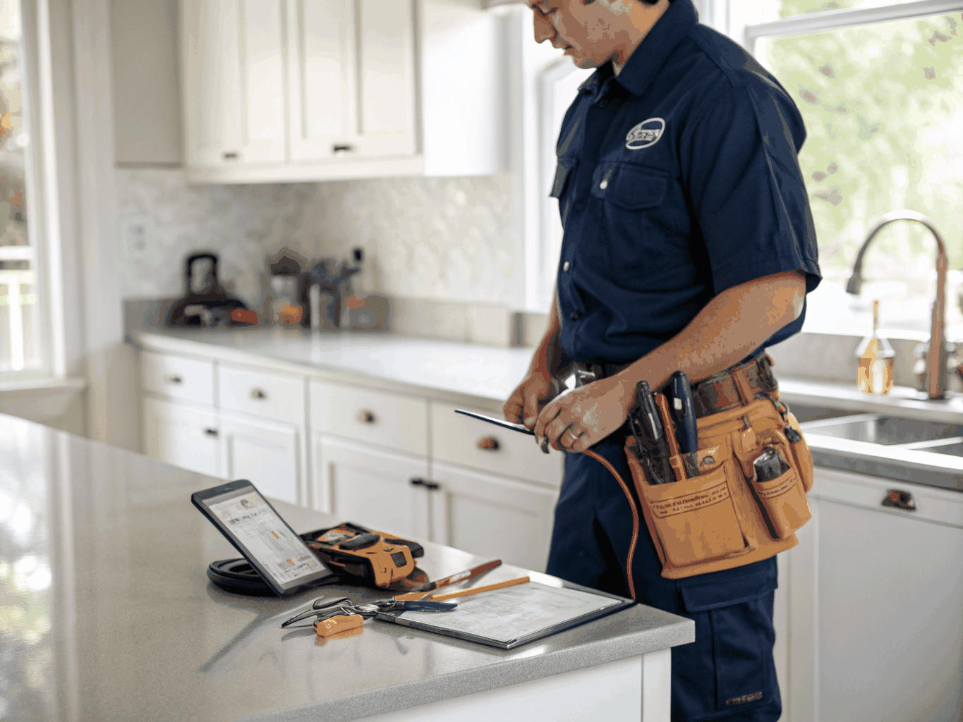 Professional technician inspecting a modern gas stove range in Decatur