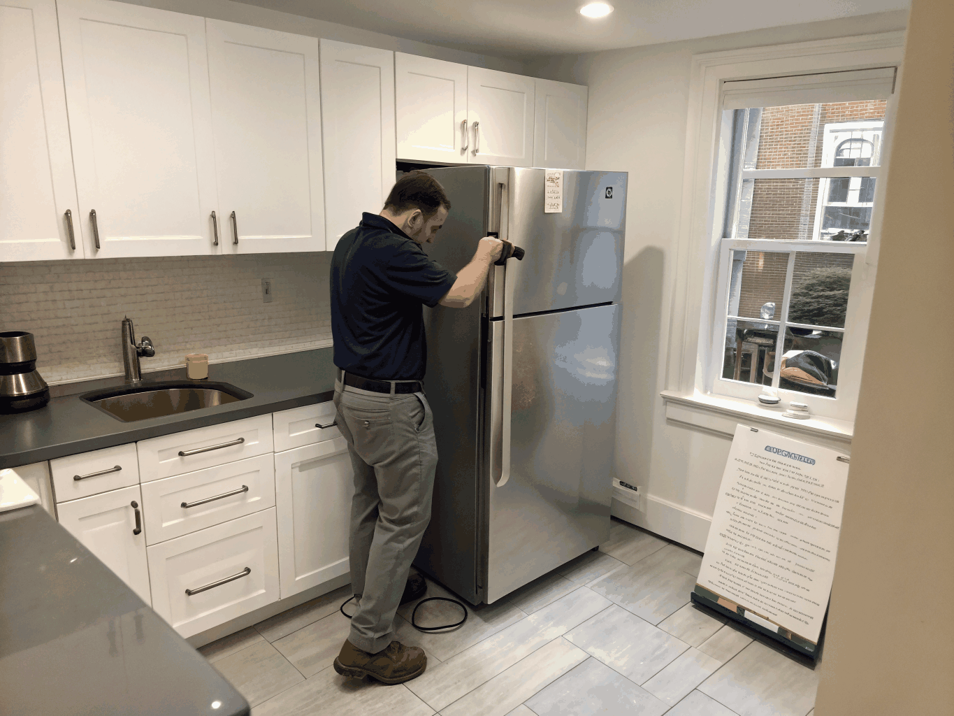 Technician repairing refrigerator cooling coil in Winnona Park Decatur home